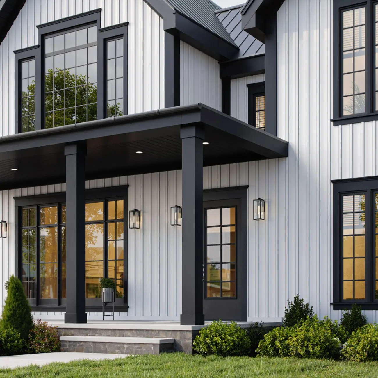 Two-story modern farmhouse with white siding