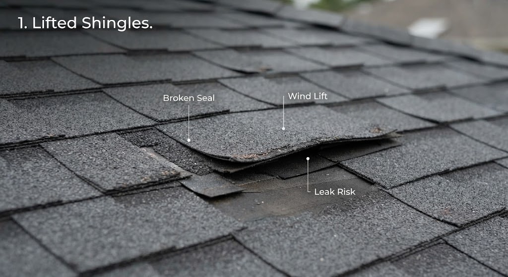 Wind-damaged asphalt roof showing lifted shingle with broken seal and leak risk.