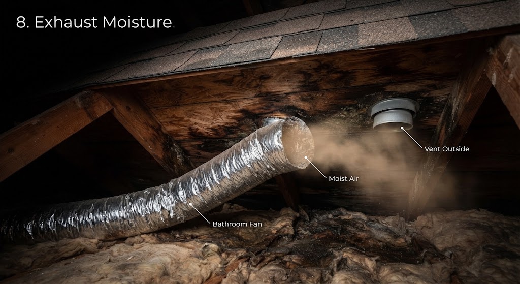 Attic view showing improperly terminated bathroom exhaust fan duct venting moist air into the attic space.
