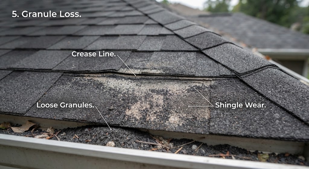 Roof shingle damage showing crease line, granule loss, and shingle wear with loose granules in the gutter.