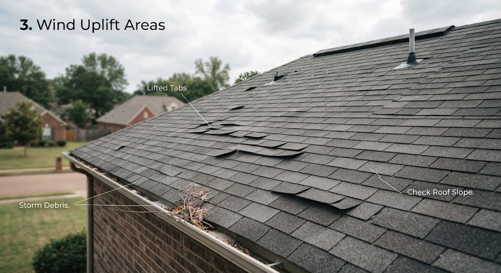 Residential roof inspection image showing wind uplift damage with lifted shingle tabs and storm debris in gutter.