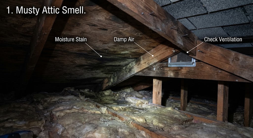Attic roof decking moisture stain inspection showing need for ventilation improvement.