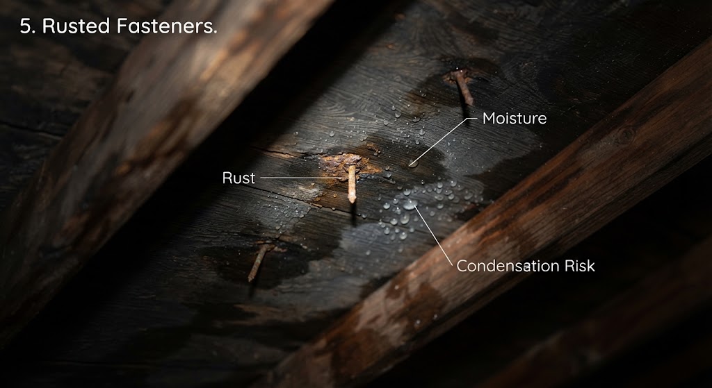Attic inspection image showing rusted nail, moisture, and condensation risk on roof decking.