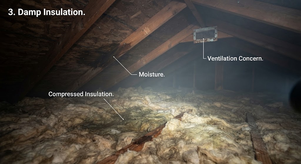 Attic inspection image showing damp, compressed insulation, moisture on the roof decking, and a ventilation concern.