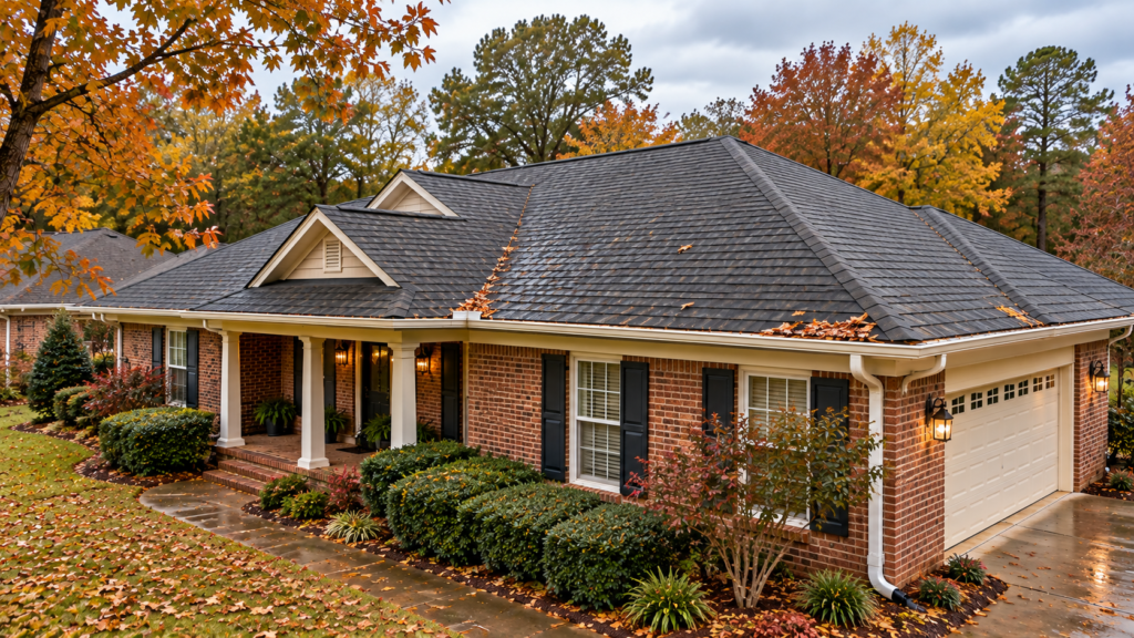 Fall gutter and roof maintenance in Brandon MS showing autumn leaves collecting near the gutters of a residential asphalt shingle roof