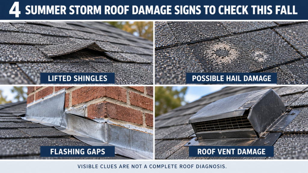 ackson MS summer storm roof damage infographic showing lifted shingles, possible hail impacts, loose flashing, and damaged roof vents