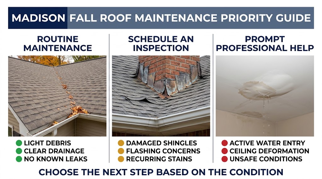 Madison MS fall roof maintenance guide showing when to clean gutters, schedule a roofing inspection or seek prompt assistance for active leaks