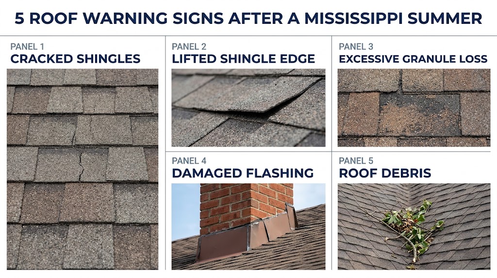 Fall roof maintenance Madison MS infographic showing cracked shingles, lifted shingles, granule loss, damaged flashing and storm debris