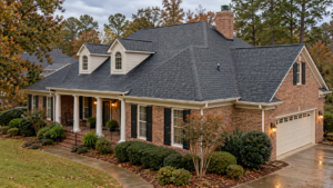 Fall roof maintenance in Madison MS showing a residential asphalt shingle roof, chimney flashing, and gutters after a long Mississippi summer