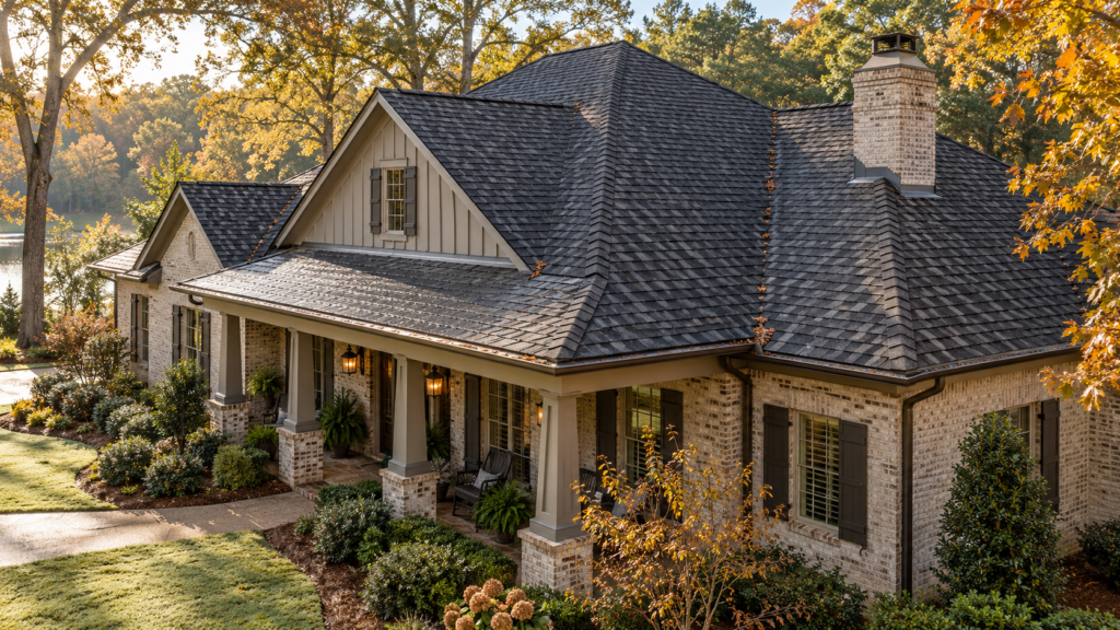 Fall roof inspection in Ridgeland MS showing an asphalt shingle roof, chimney, gutters, and a residential home during cooler autumn weather