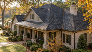 Fall roof inspection in Ridgeland MS showing an asphalt shingle roof, chimney, gutters, and a residential home during cooler autumn weather