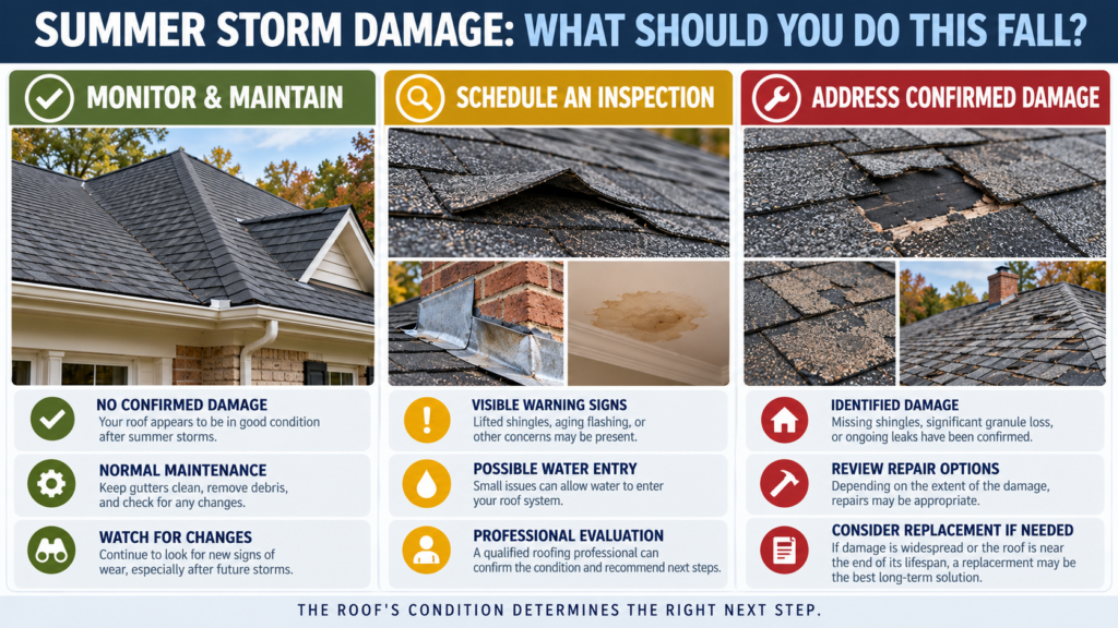 Jackson MS fall storm roof damage decision guide showing when to monitor a roof, schedule inspection, or address confirmed roofing damage
