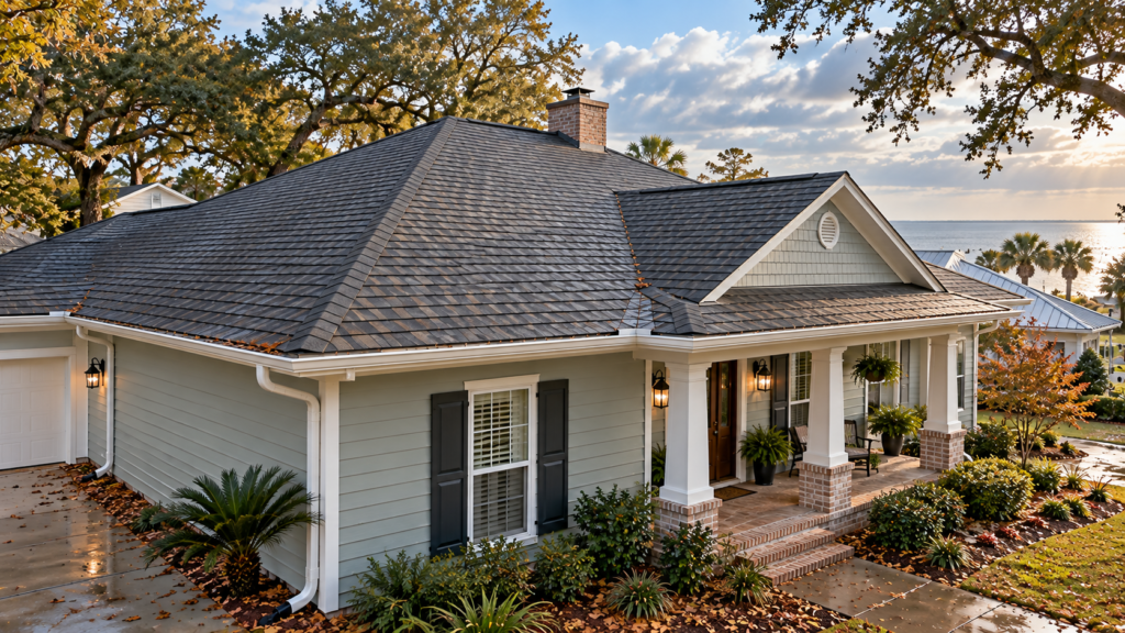 Gulfport post-hurricane roof inspection showing an asphalt shingle roof, chimney, gutters, and coastal home after stormy fall weather