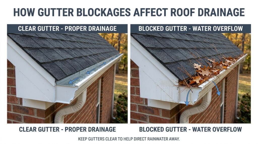 Madison MS roof maintenance infographic comparing a clean gutter with proper rainwater drainage against a blocked gutter overflowing with leaves and pine needles