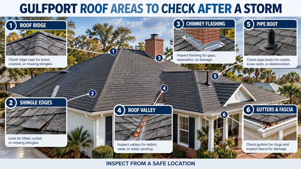 Gulfport post-hurricane roof inspection infographic identifying shingle edges, ridge caps, chimney flashing, roof valleys, pipe boots, gutters and fascia