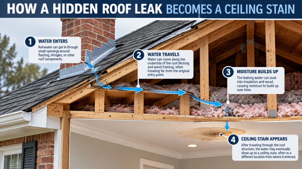 Jackson Mississippi hidden roof leak infographic showing rainwater entering damaged flashing and traveling through attic materials to a ceiling stain