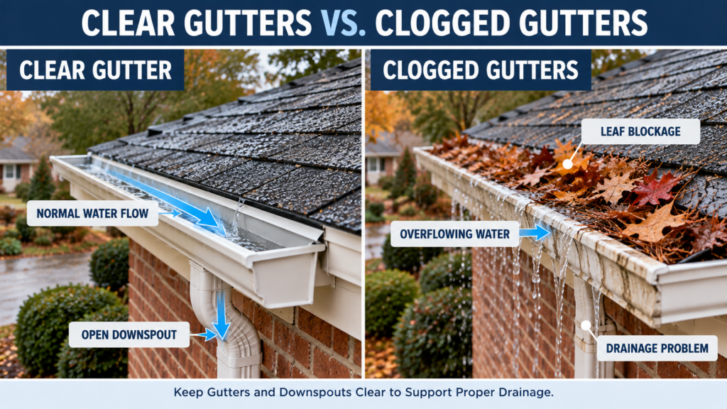  Brandon MS fall gutter maintenance infographic comparing clean gutter drainage with blocked gutters overflowing from wet autumn leaves