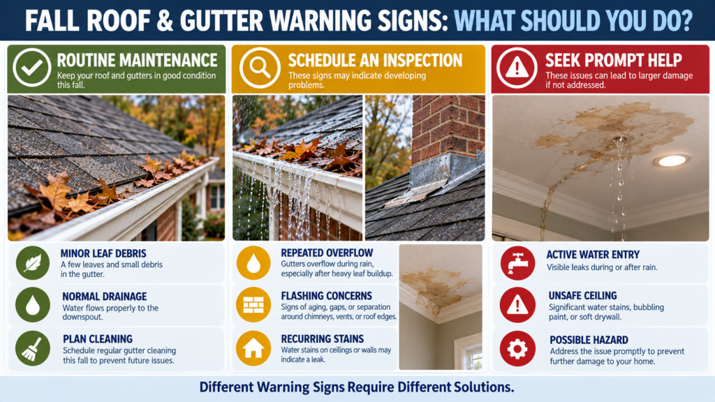 Brandon MS fall roof maintenance infographic explaining when to clean gutters, schedule a roofing inspection or seek prompt help for active leaks