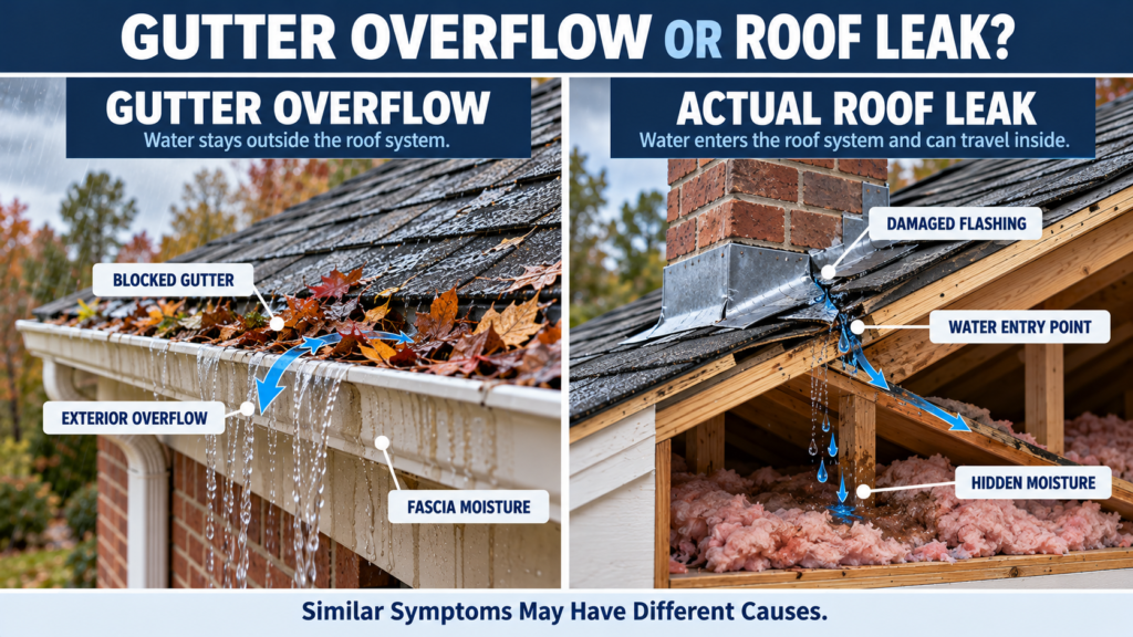 Brandon MS roofing infographic showing the difference between exterior gutter overflow and water entering through damaged chimney flashing